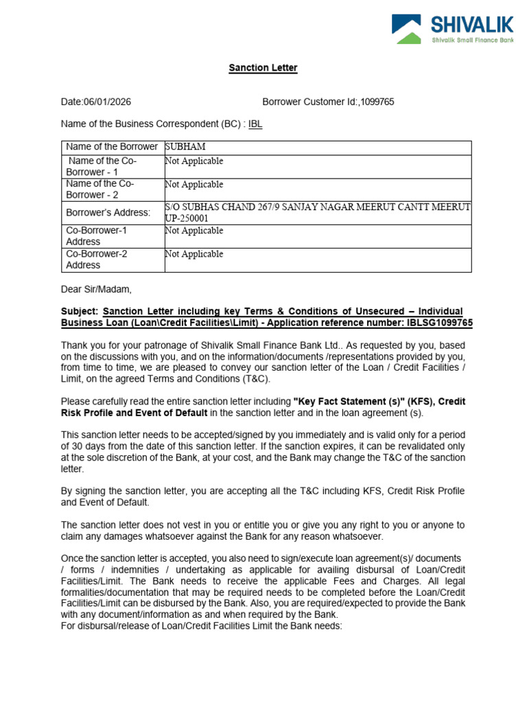 Sanction Letter SUBHAM | PDF | Insurance | Loans