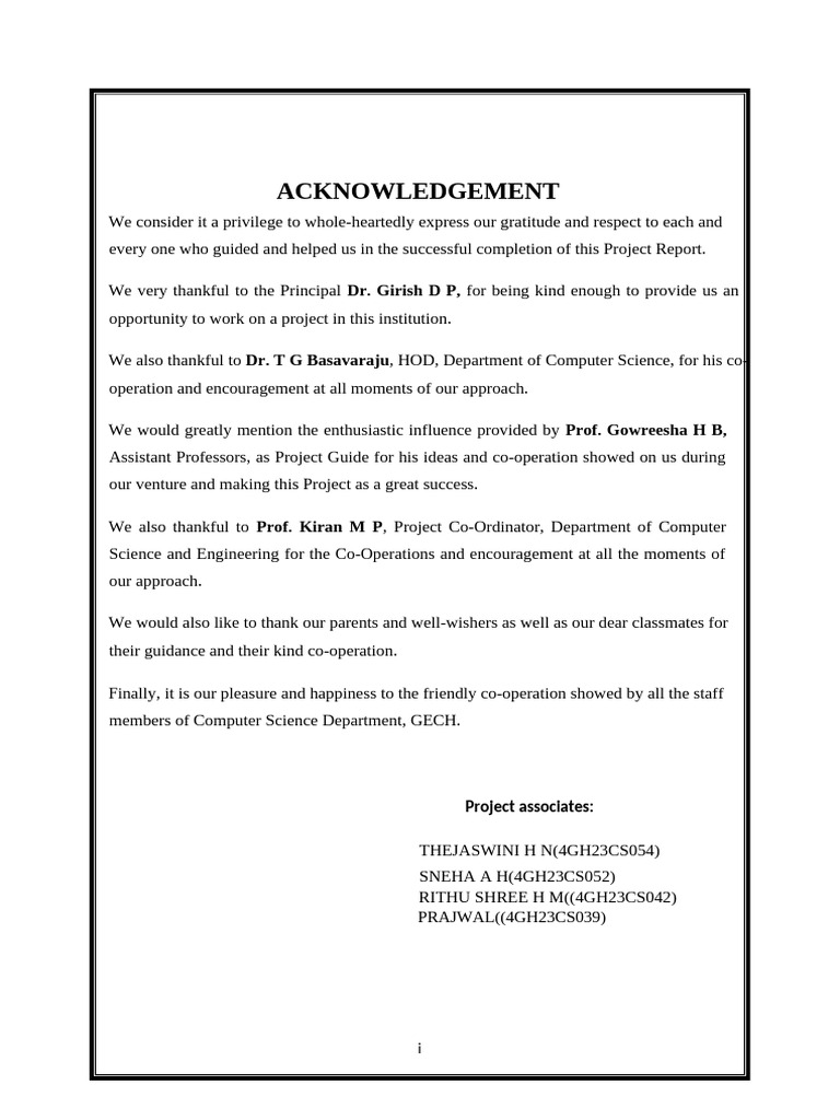 Project Report Acknowledgements | PDF