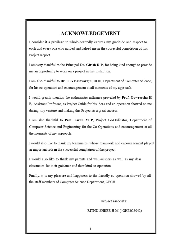 Acknowledgements for Project Report | PDF