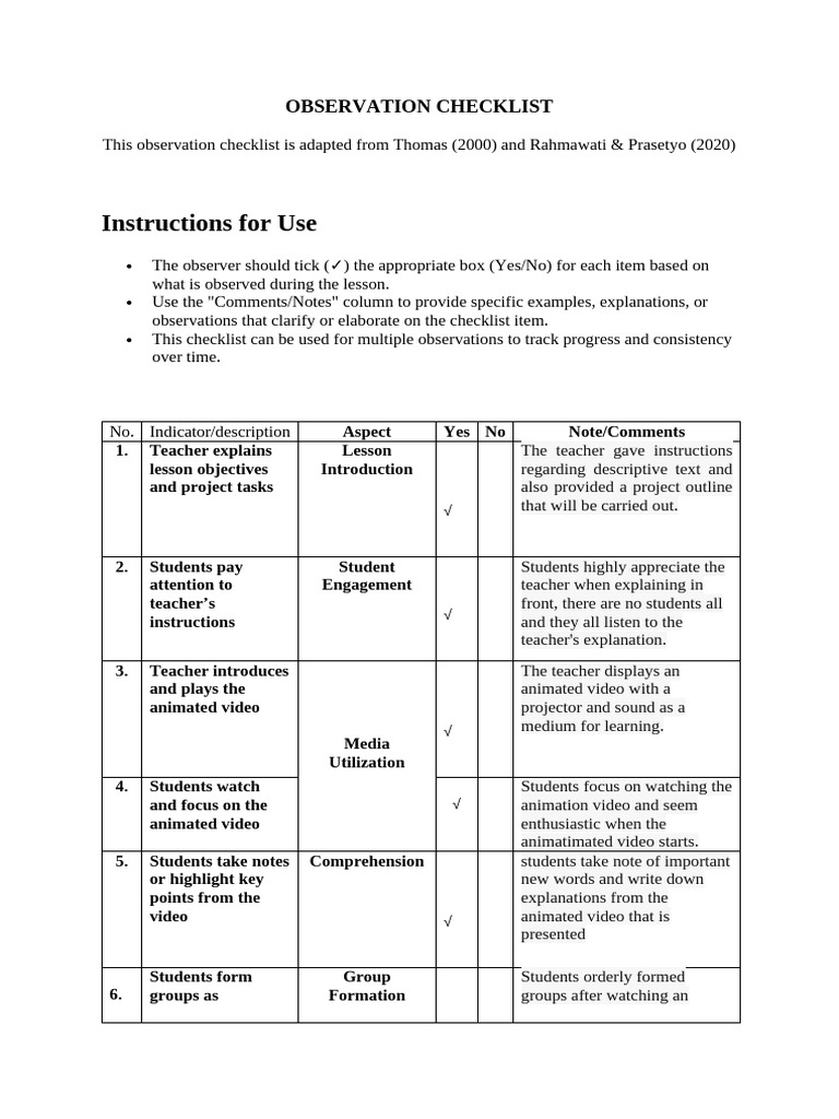 Instrument (Observation Cheklist, Queistionnier) | PDF | Project Based ...