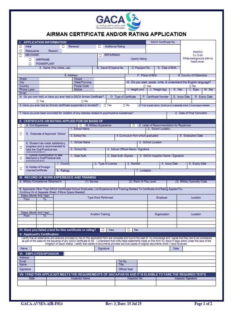 GACA Airman Certificate Application Form | PDF