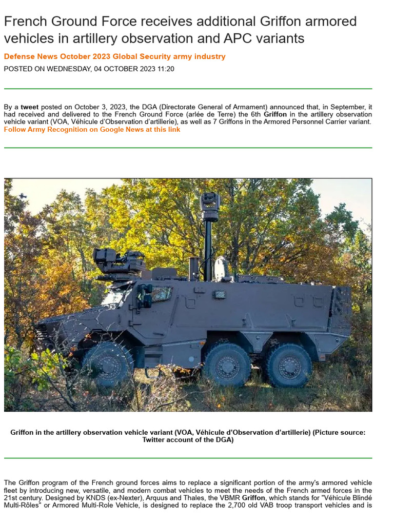 French Ground Force Receives Additional Griffon Armored Vehicles in ...