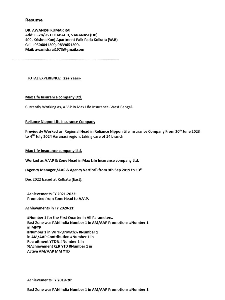Awanish Kumar Rai - Insurance Executive Resume | PDF | Service ...