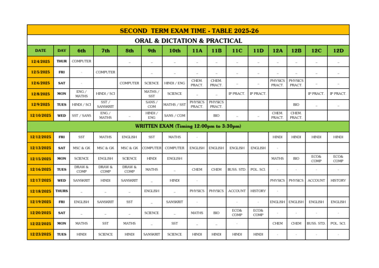 2025-26 Second Term Exam Schedule | PDF