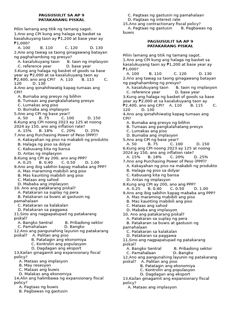 PAGSUSULIT SA AP 9-Patakarang Piskal | PDF