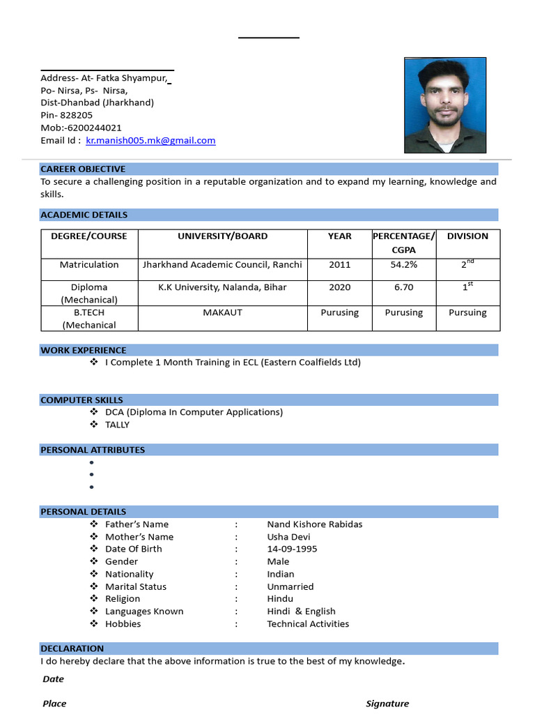 Manish Kumar's Mechanical Engineering Resume | PDF