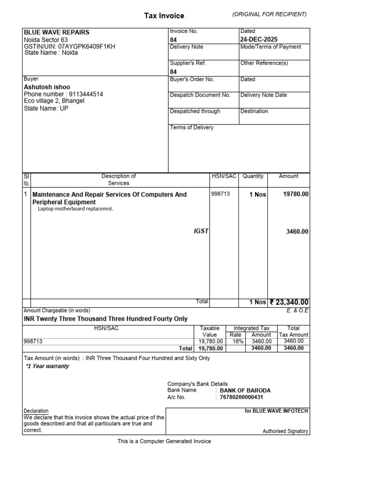 Tax Invoice for Computer Services | PDF | Invoice | Taxes