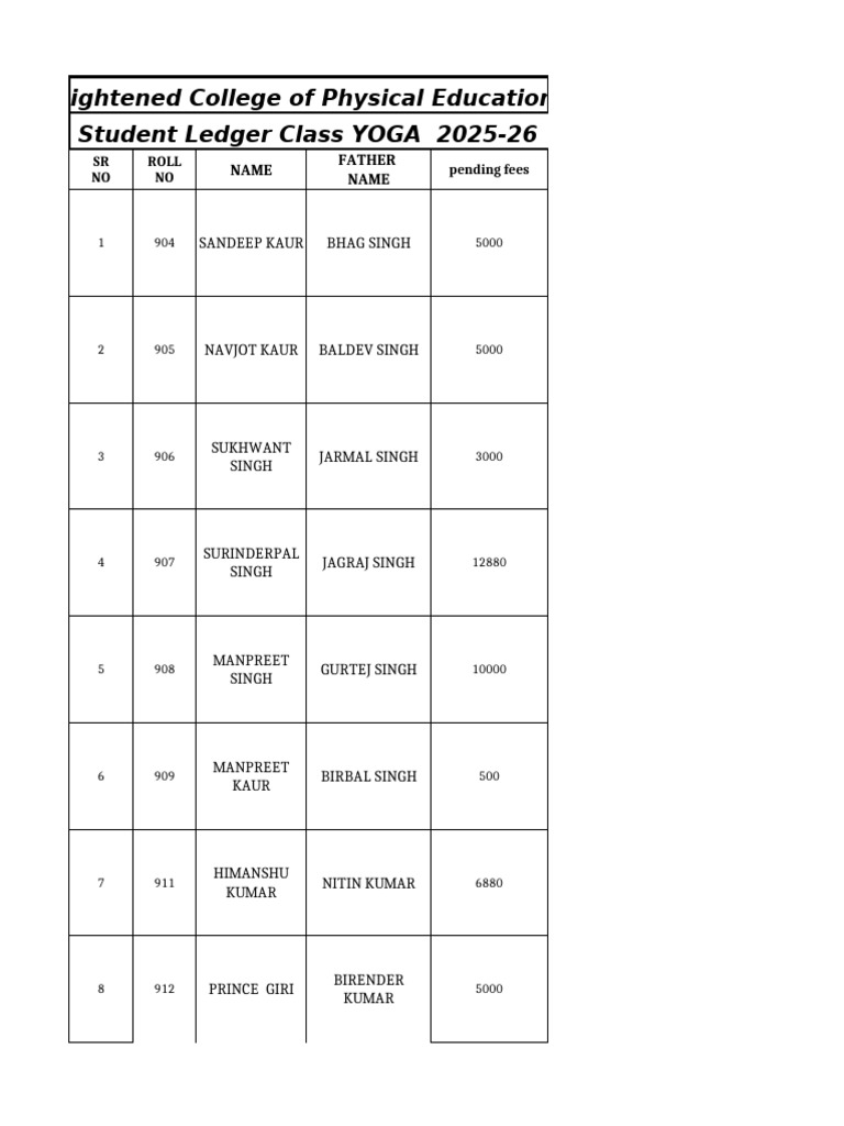 Student Fee Ledger for Yoga Class 2025-26 | PDF
