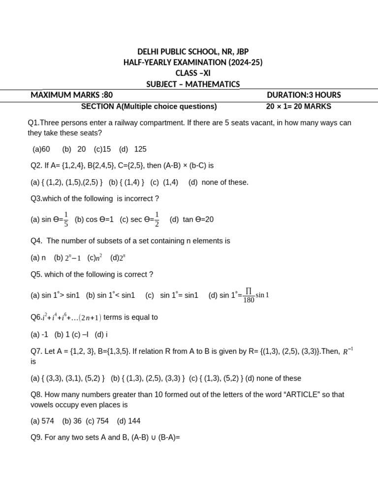 Class XI Mathematics Half-Yearly Exam 2024-25 | PDF | Mathematics