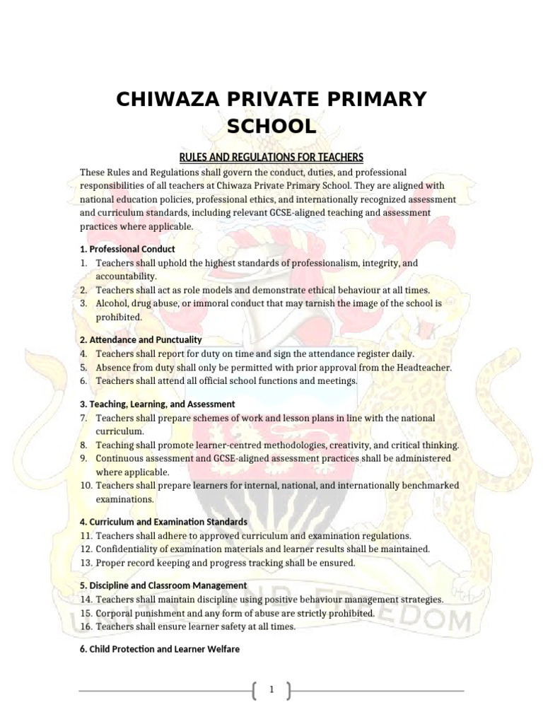 Chiwaza Private Primary School Teachers Rules and Regulations | PDF ...