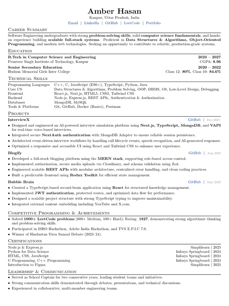 Software Engineer Portfolio of Amber Hasan | PDF | Databases | Computing