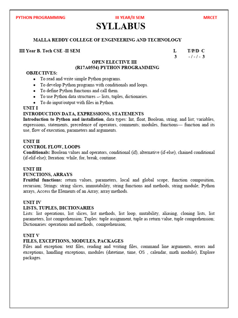 Python Programming Syllabus for CSE | PDF | Python (Programming ...