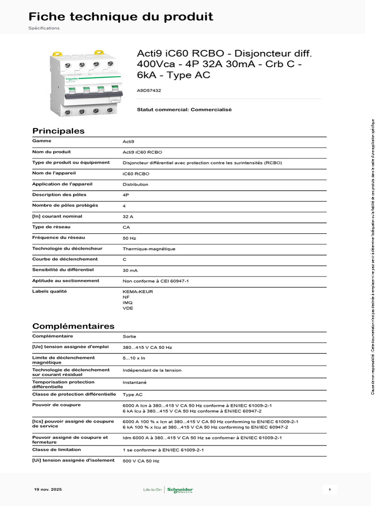 Disjoncteur Acti9 iC60 RCBO 32A 4P 30mA | PDF | Électricité
