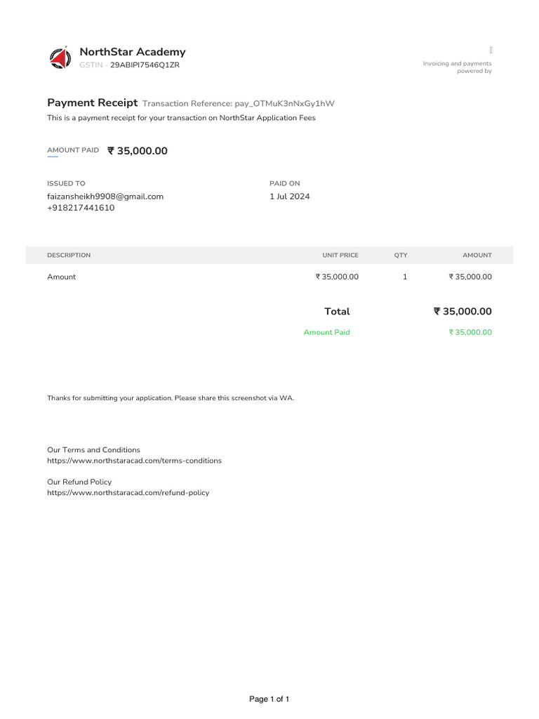 Receipt Pay_OTMuK3nNxGy1hW From NorthStar Academy (Paid) | PDF