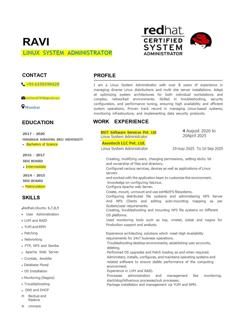 Linux System Administrator Resume | PDF | Linux | File System