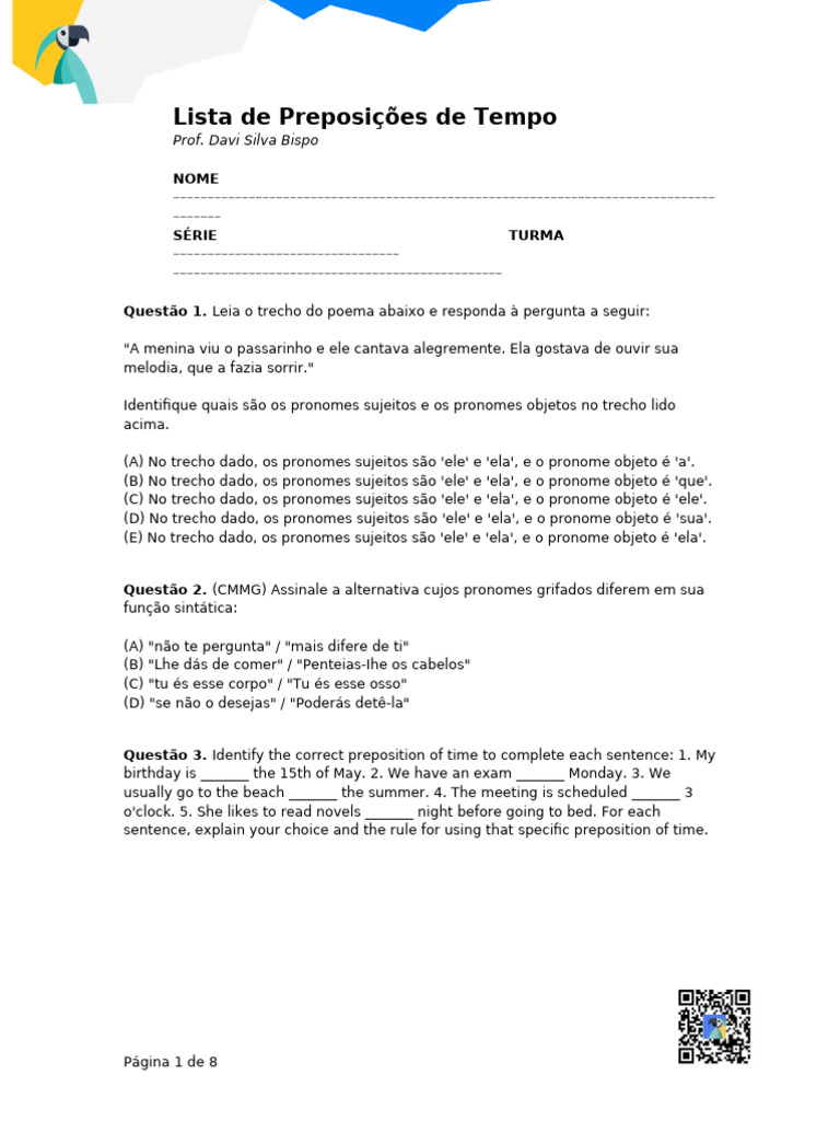 Preposições de Tempo e Questões de Gramática | PDF | Modelo de ...