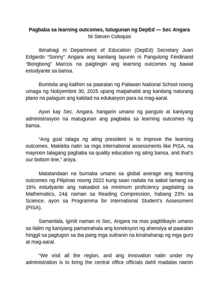 Pagbaba Sa Learning Outcomes, Tutugunan NG DepEd - Sec Angara | PDF