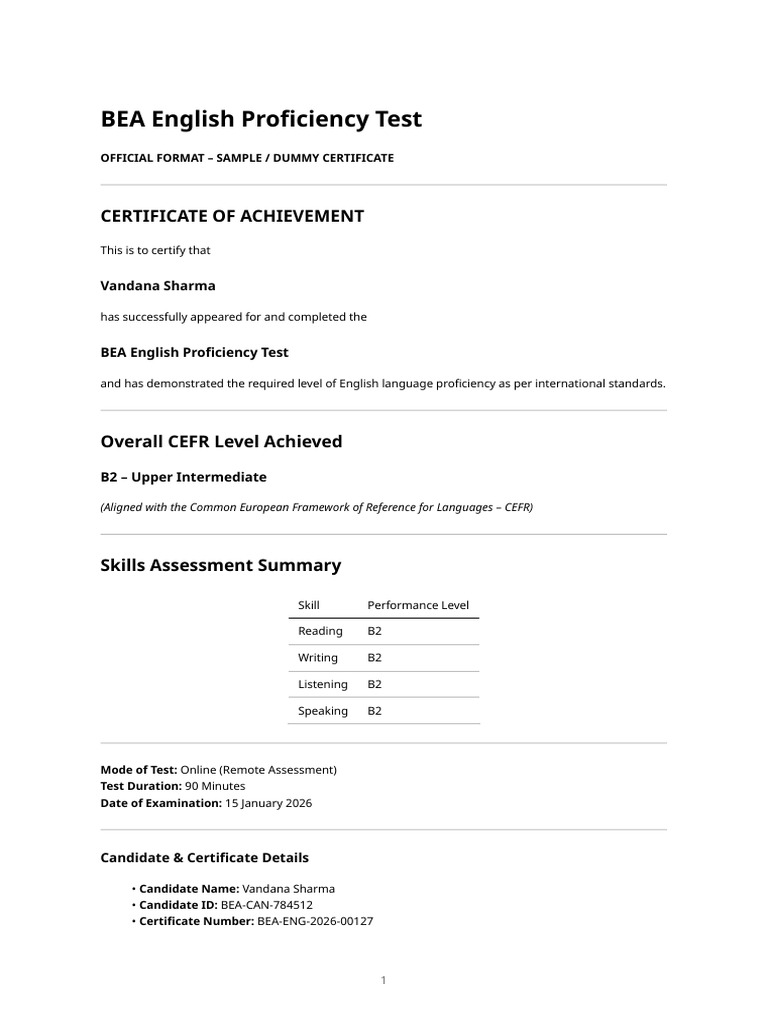 BEA English Proficiency Test Certificate | PDF