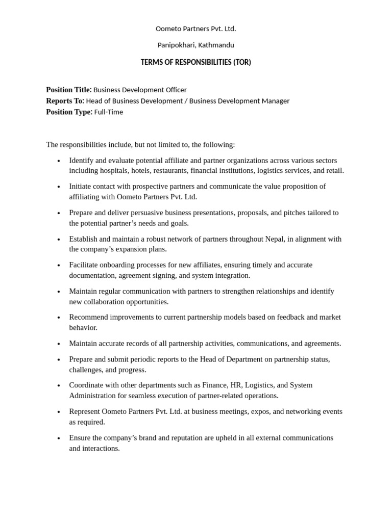Business Development Officer TOR at Oometo | PDF