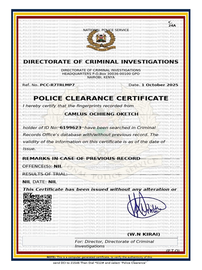 Pcc-r7trlmp7-Police Clearance Certificate Wk | PDF