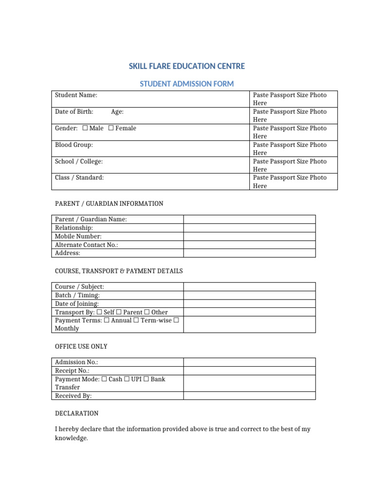 Skill Flare Admission Form Aligned | PDF