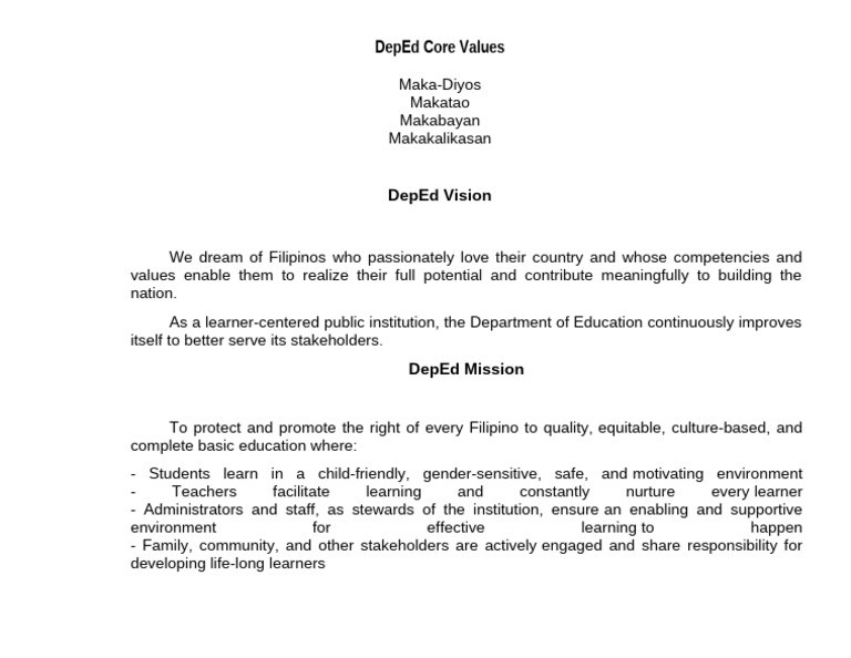DepEd Core Values and Mission Overview | PDF