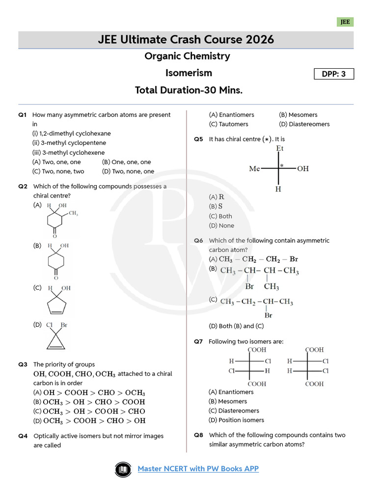 JEE 2026 Organic Chemistry Isomerism Quiz | PDF | Isomer | Chirality ...
