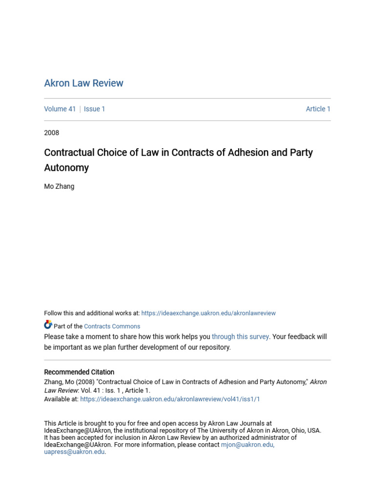 Choice of Law in Contracts of Adhesion | PDF | Consent | Contract Law