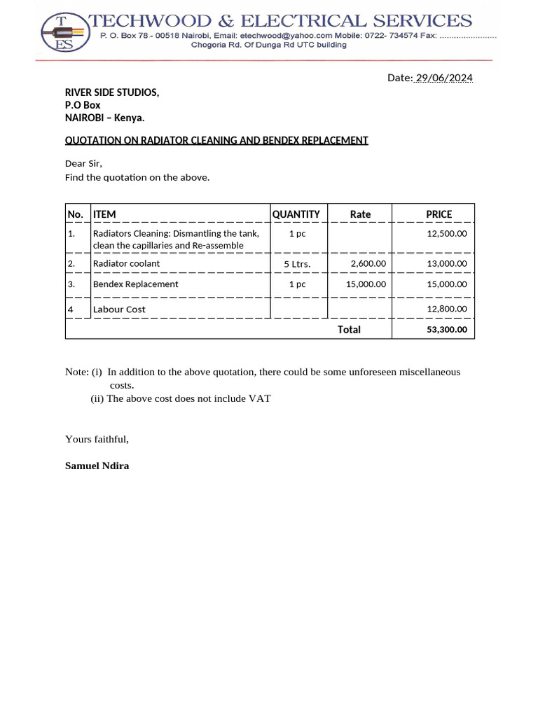 Techwood & Electrical Services Quotation on Radiator Bendex for Mohan ...