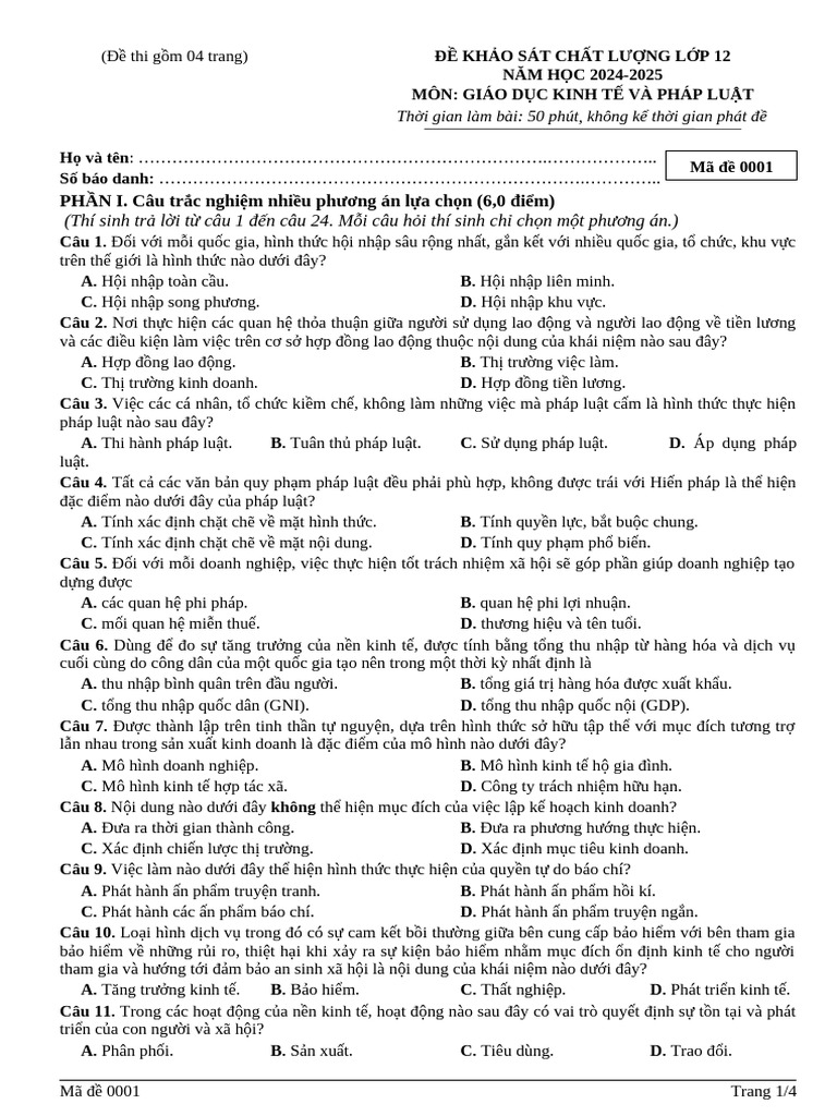 De Thi Thu THPT Mon GDKT-PL 001 | PDF