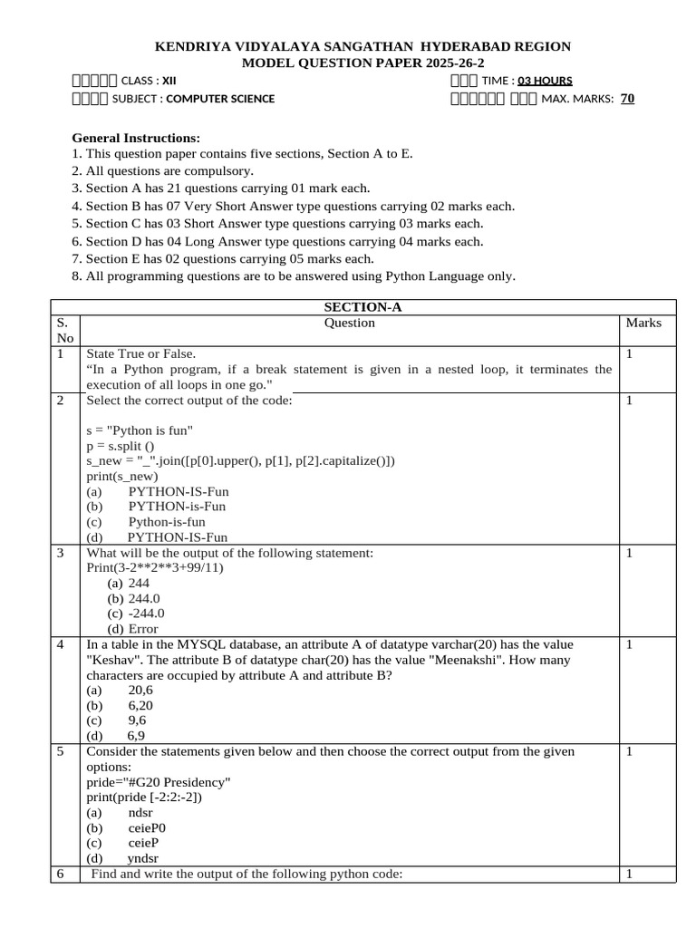 Xii Comp Sci MQP 2 - Corrected | PDF | Control Flow | Computing