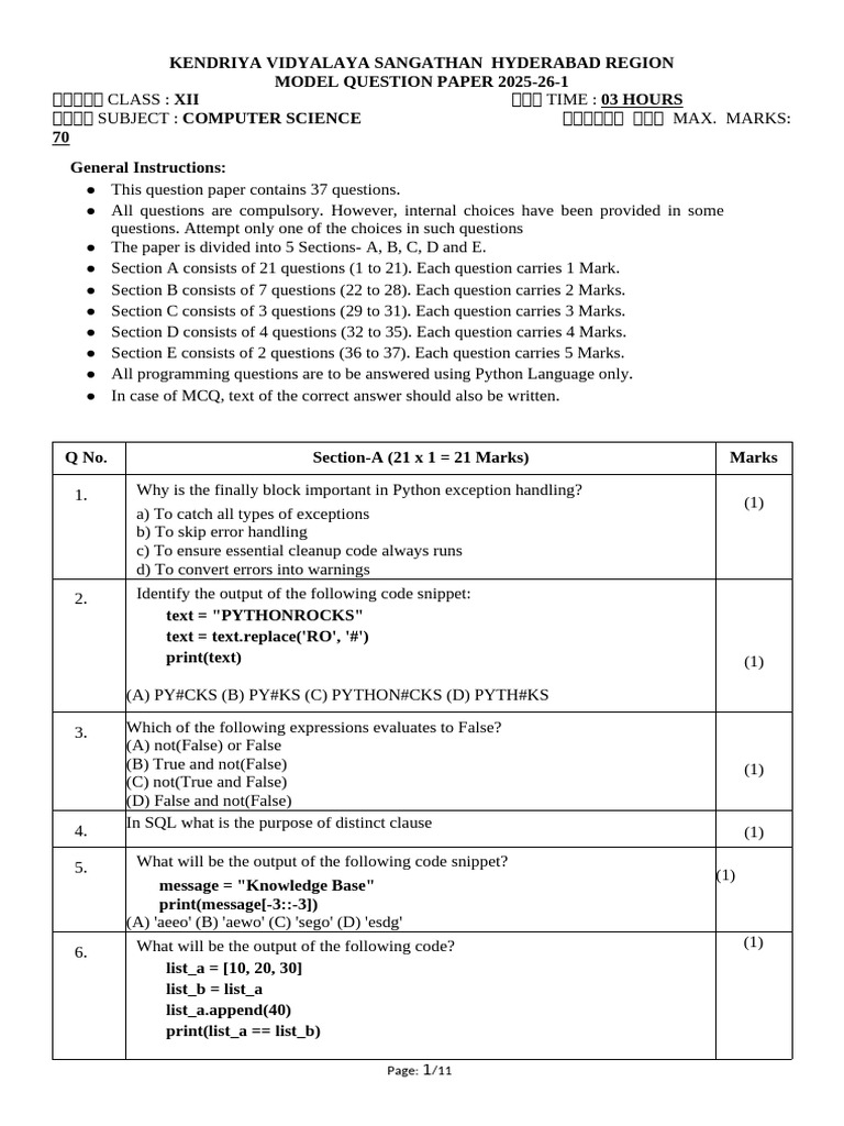 Class XII Computer Science Model Paper 2025-26 | PDF | Computer Network ...
