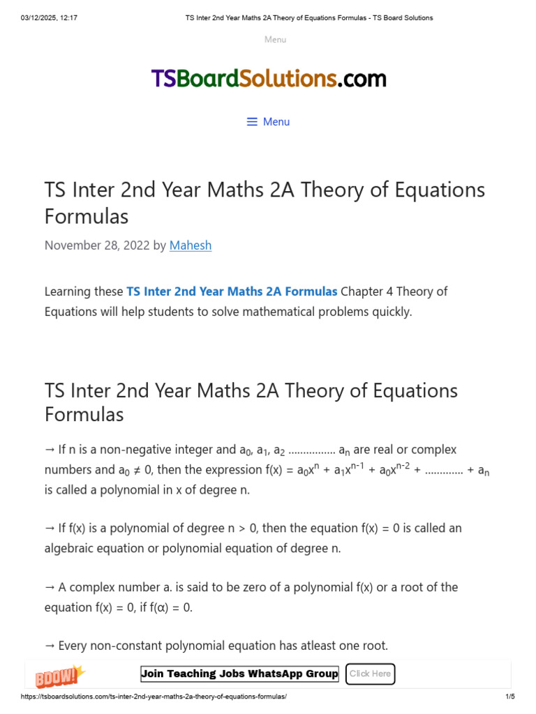 TS Inter 2nd Year Maths Equations Formulas | PDF | Polynomial | Equations