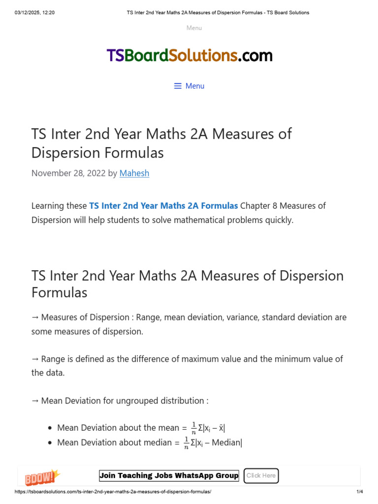 TS Inter 2nd Year Maths Dispersion Formulas | PDF | Standard Deviation ...