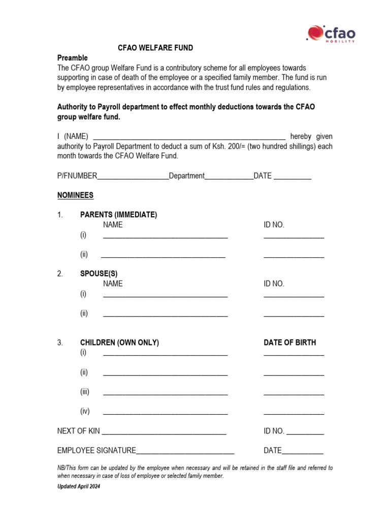 CFAO Welfare Fund Deduction Authorization | PDF