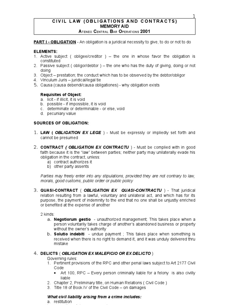 Obligations Contracts Memory Aid 2001 | PDF