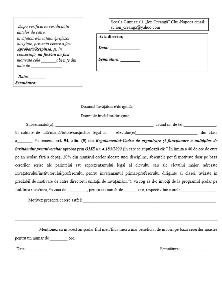 Cerere Invoire Elevi 2023-2024 | PDF