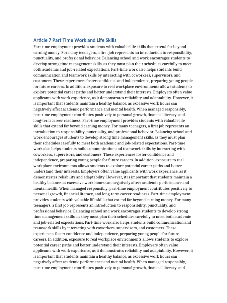 Article_7_Part_Time_Work_and_Life_Skills | PDF | Adolescence | Personal ...