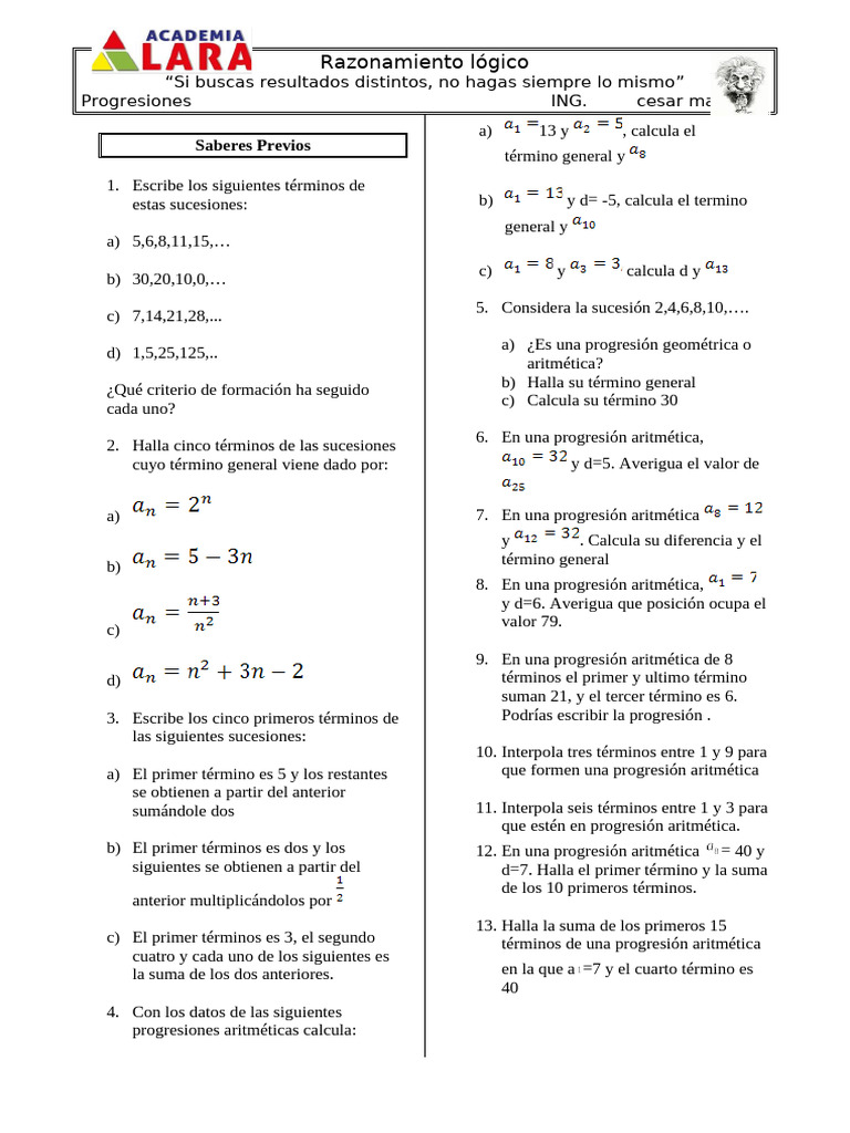 Ejercicios de Progresiones Aritméticas y Geométricas | PDF | Series ...
