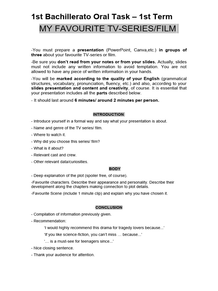 ORAL TASK 1st TERM 1st Bachillerato 25-26 | PDF