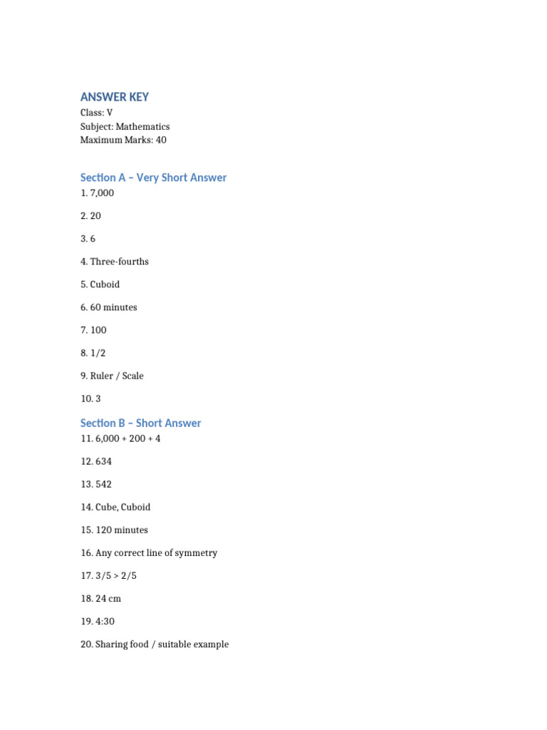Class V Mathematics Answer Key | PDF