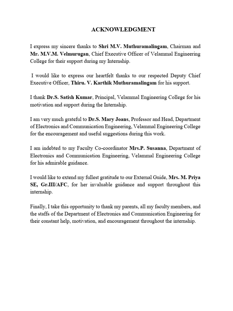 Internship Acknowledgment at Velammal College | PDF