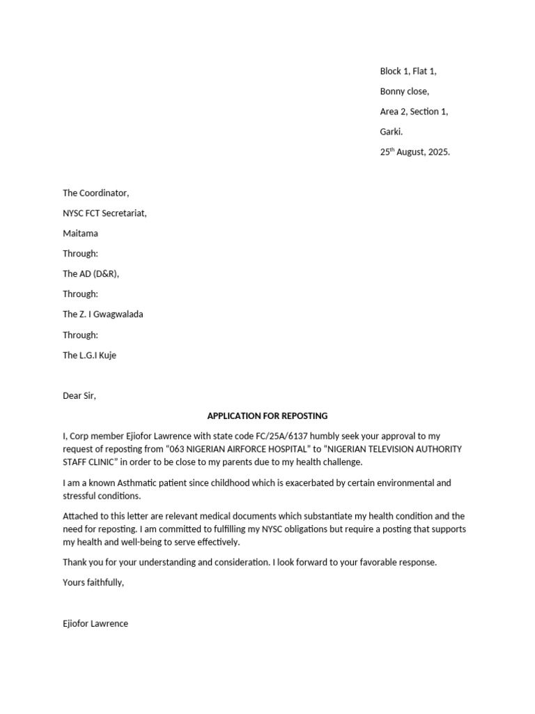 NYSC Reposting Request for Health Reasons | PDF