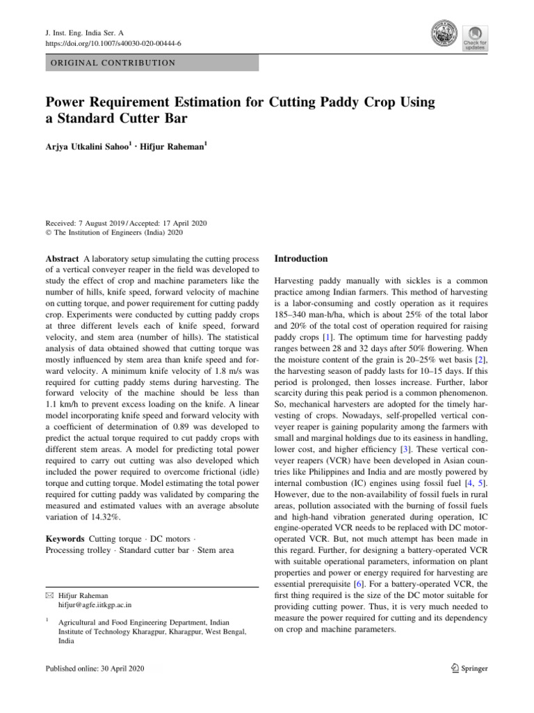 Power Requirement Estimation for Cutting Paddy Crop Using a Standard ...