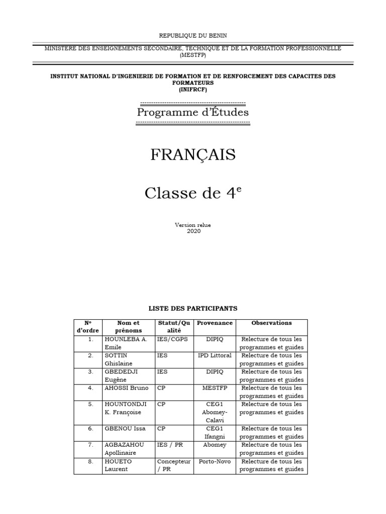 Programme de Français 4e au Bénin | PDF | Apprentissage | Environnement ...