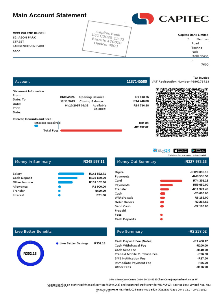 Capitec Bank Account Statement Summary | PDF | Debit Card | Cash