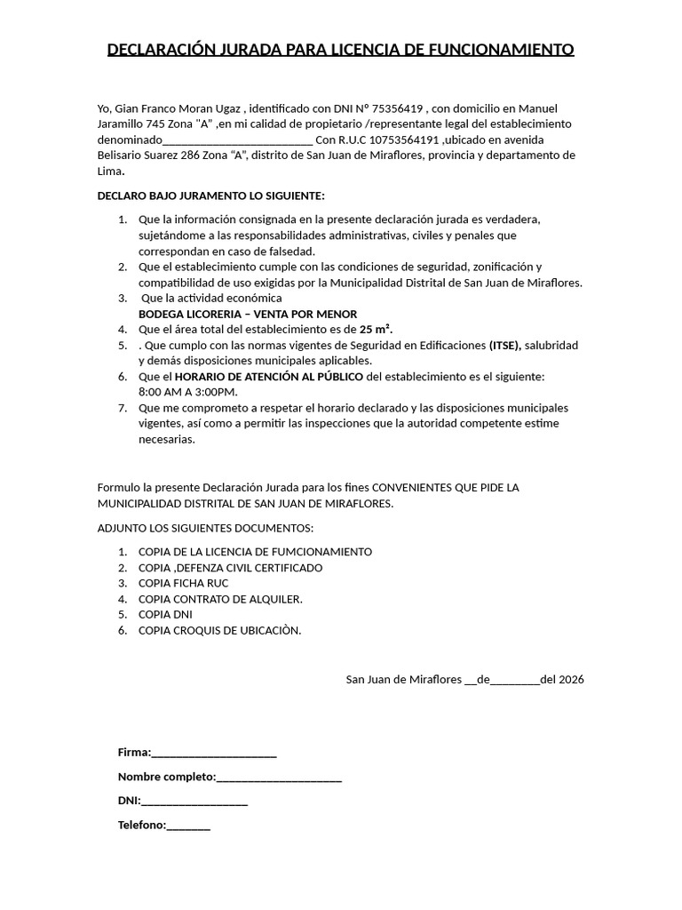 Declaración Jurada Para Licencia de Funcionamiento | PDF