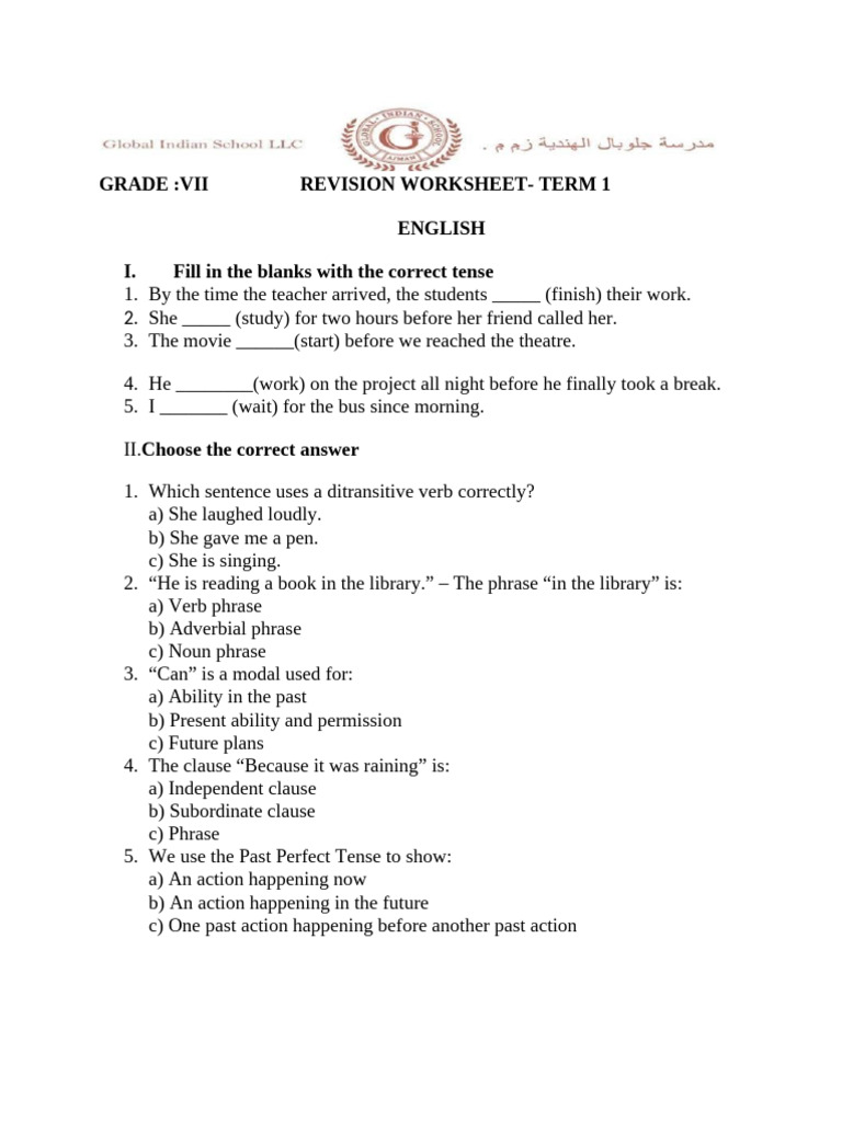 Grade 7 English Revision Worksheet | PDF | Phrase | Verb