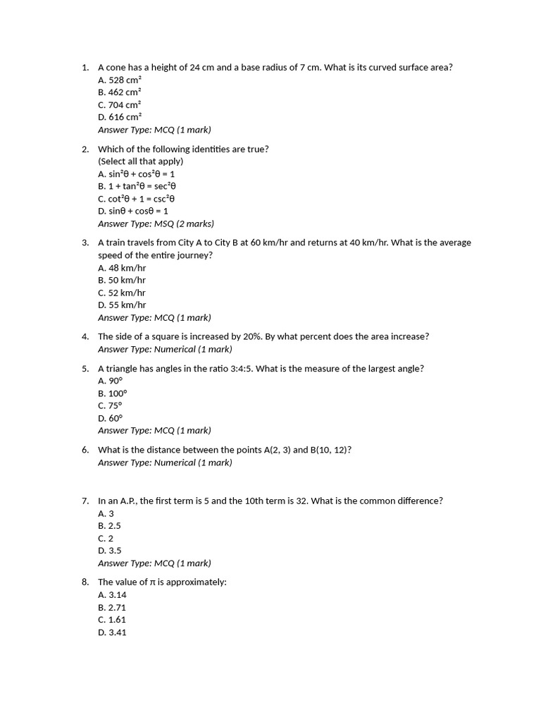 Math MCQs and Numerical Problems | PDF | Area | Triangle