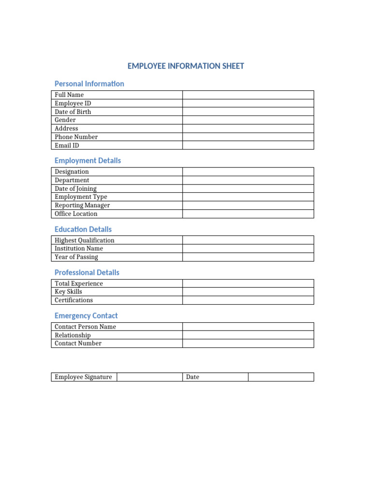 Employee Information Sheet Template | PDF
